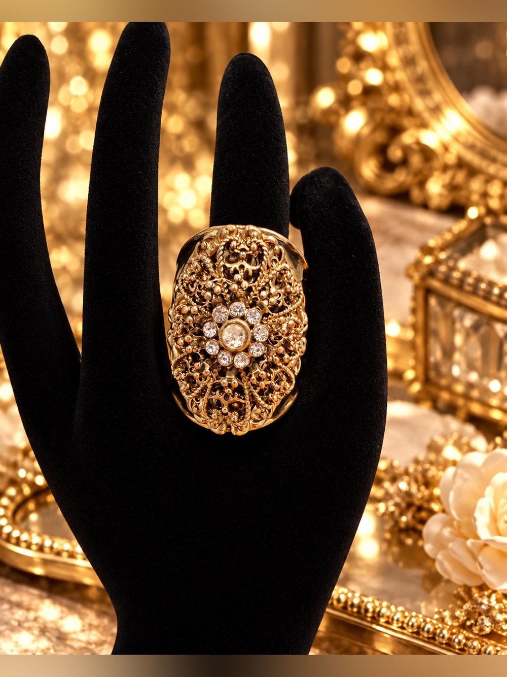 Gold Filigree Black Enamel & Crystal Flower Cocktail Ring - Women Ring Size 7